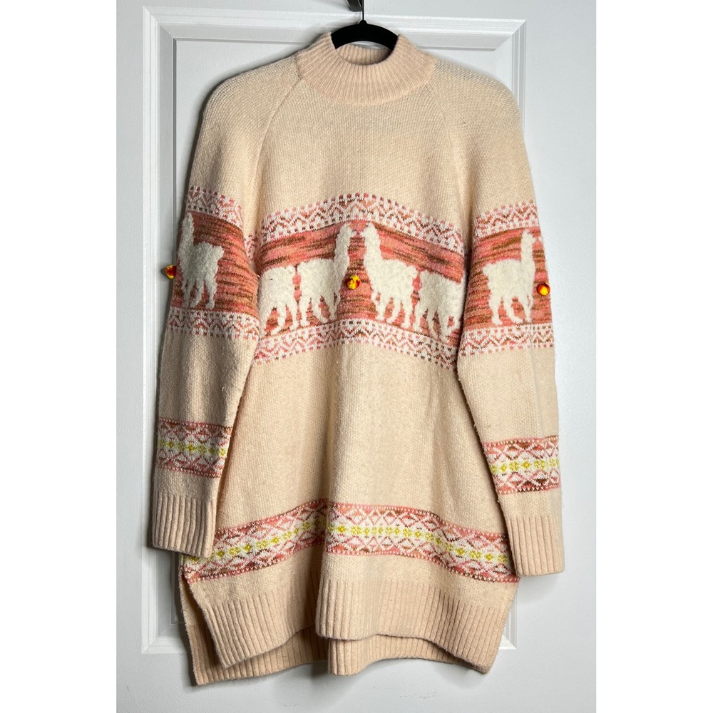 A+ Anthropologie Llama Fair Isle Mock Neck Oversized Sweater Cream Pink 1X